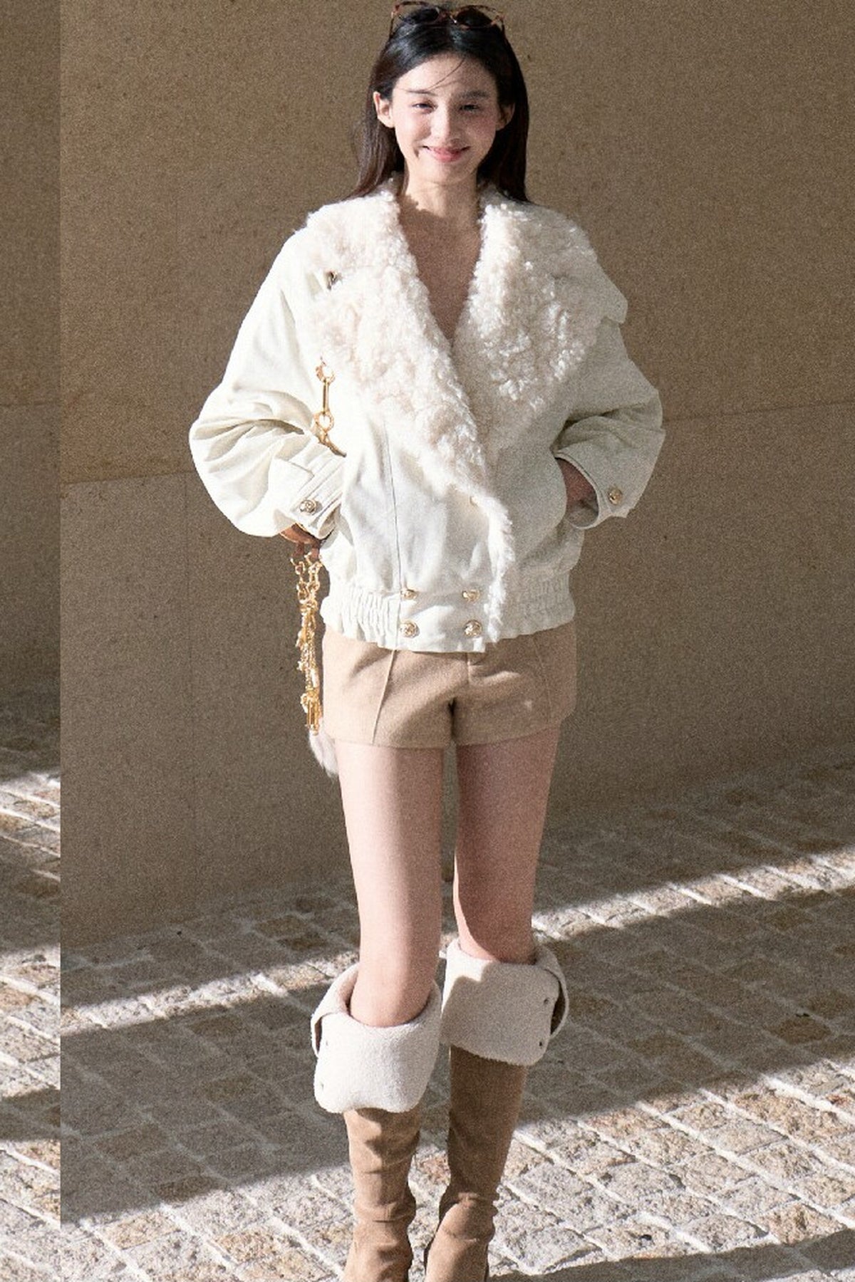 Napoleon Style Curly Fur Lapel Padded Jacket
