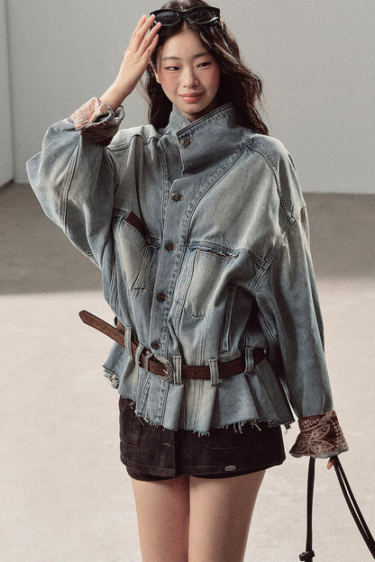 Klein Blue High Collar Denim Jacket