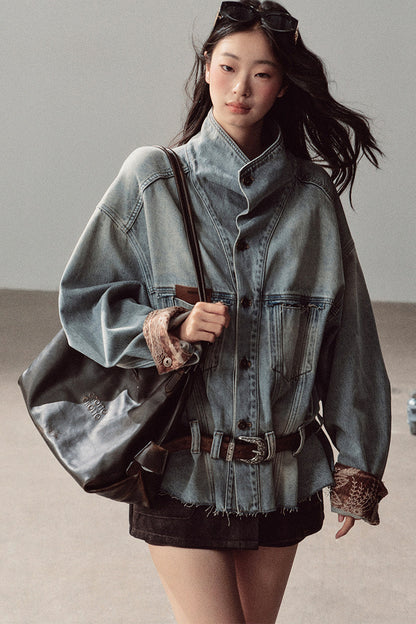 Klein Blue High Collar Denim Jacket