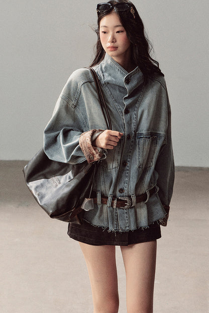 Klein Blue High Collar Denim Jacket