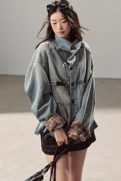 Klein Blue High Collar Denim Jacket