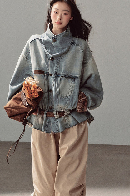 Klein Blue High Collar Denim Jacket