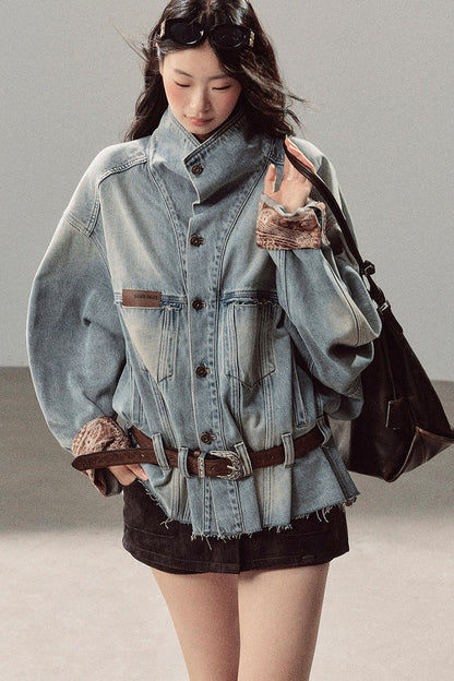 Klein Blue High Collar Denim Jacket