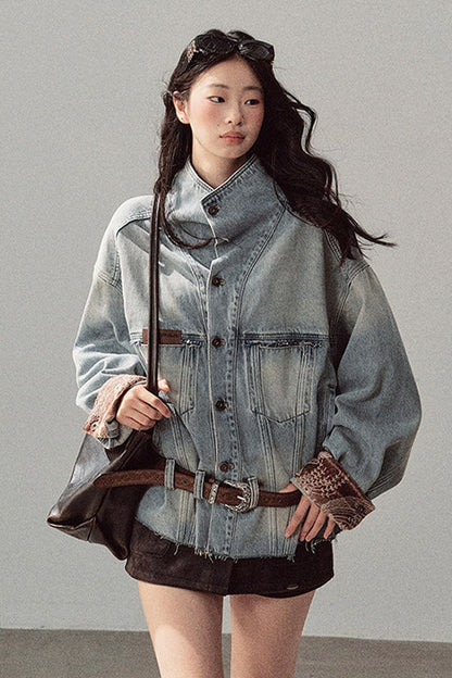 Klein Blue High Collar Denim Jacket