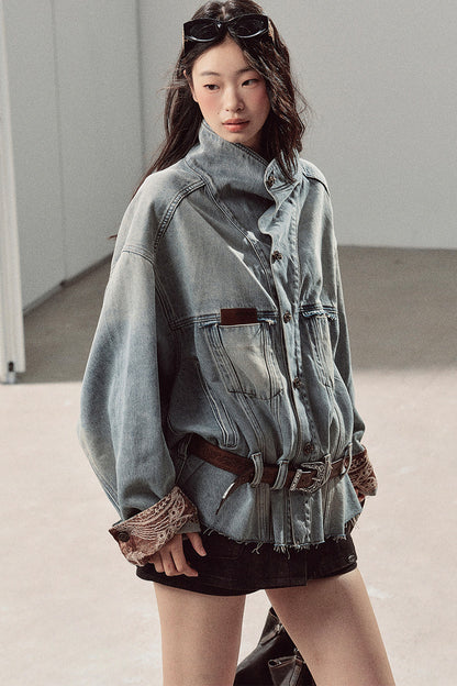 Klein Blue High Collar Denim Jacket