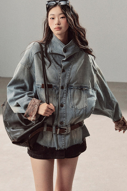 Klein Blue High Collar Denim Jacket