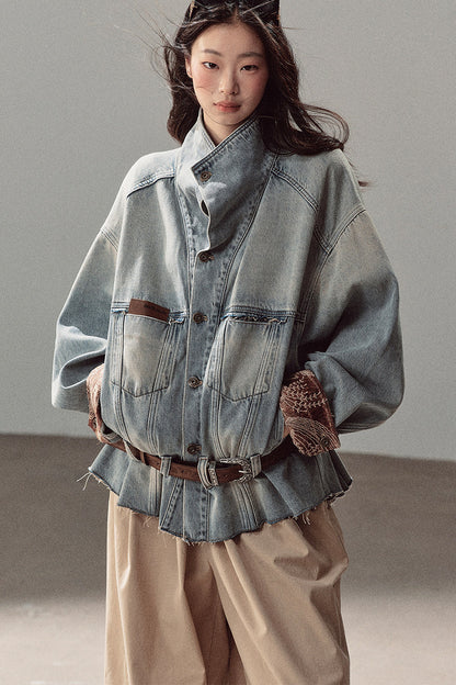Klein Blue High Collar Denim Jacket