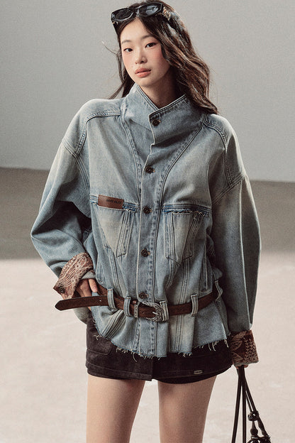 Klein Blue High Collar Denim Jacket