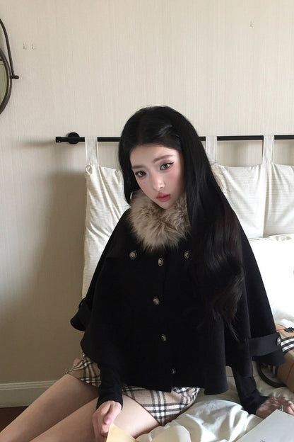 싱글 브레스티드 울 케이프 상의와 스커트 세트