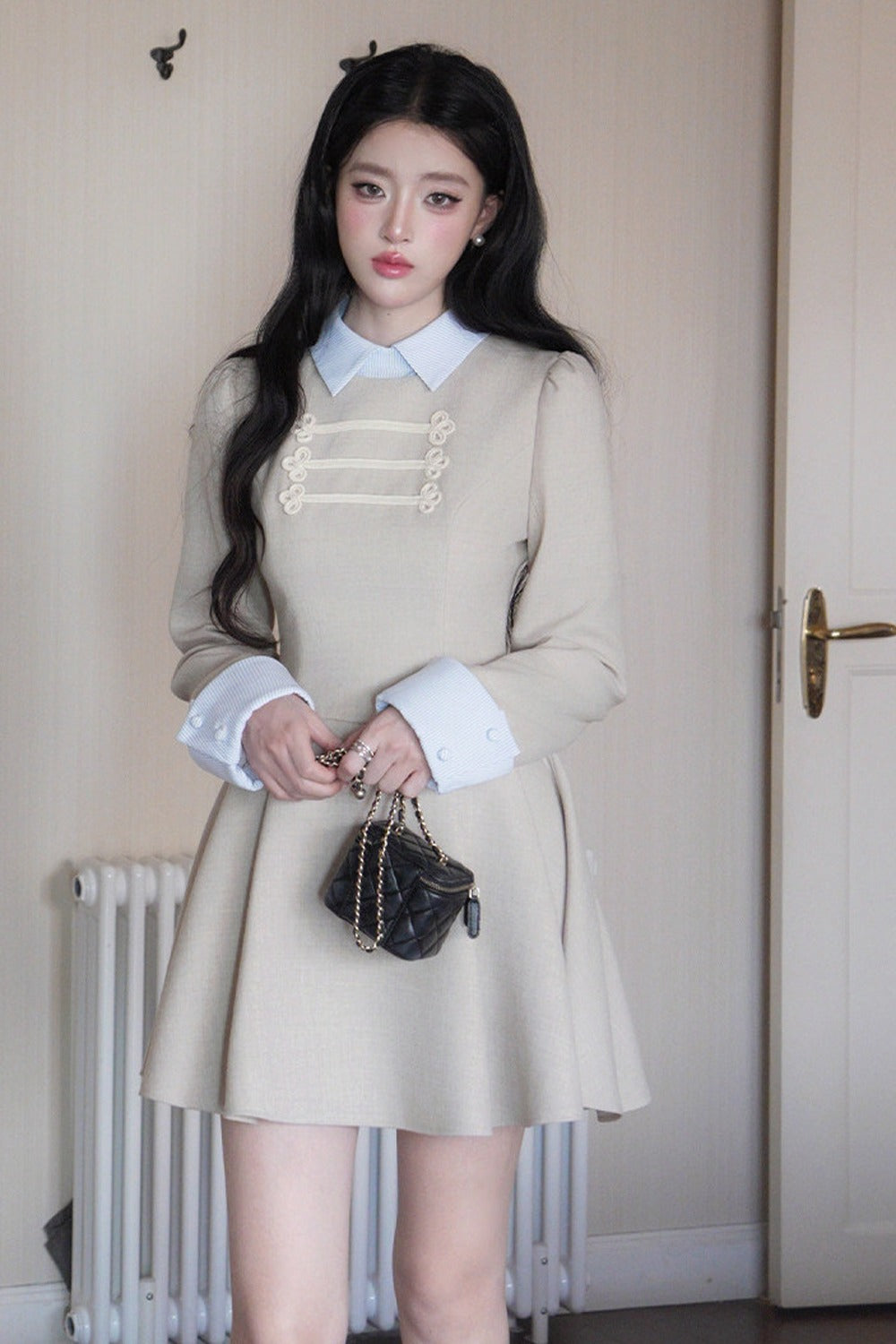 Lapel Long Sleeve Layered-Look Dress
