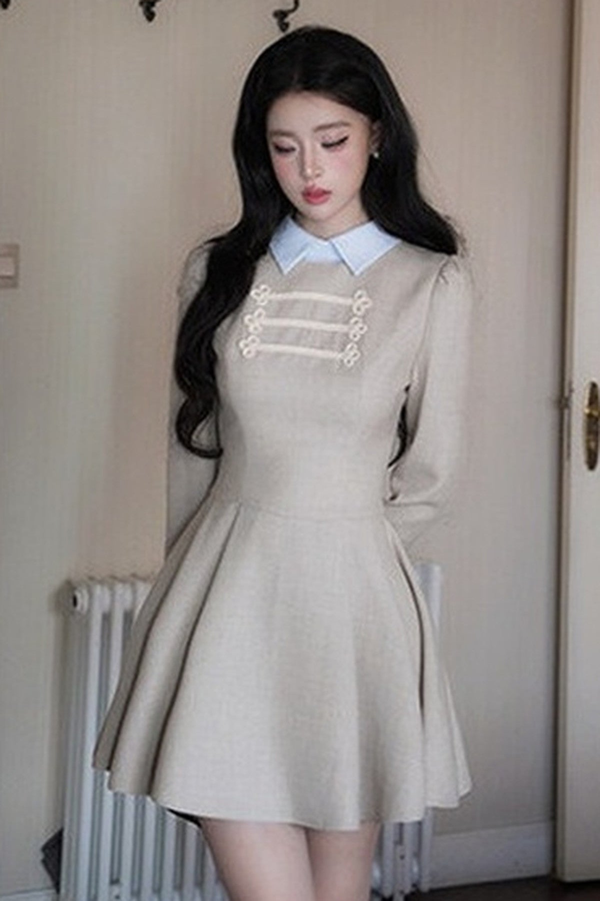 Lapel Long Sleeve Layered-Look Dress