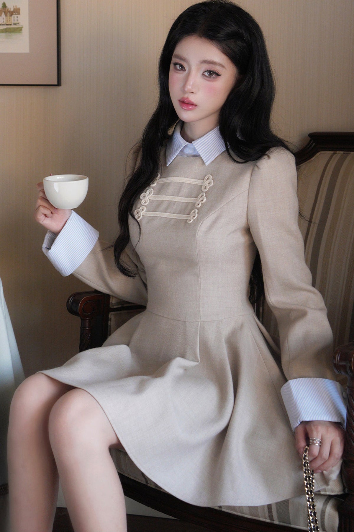 Lapel Long Sleeve Layered-Look Dress