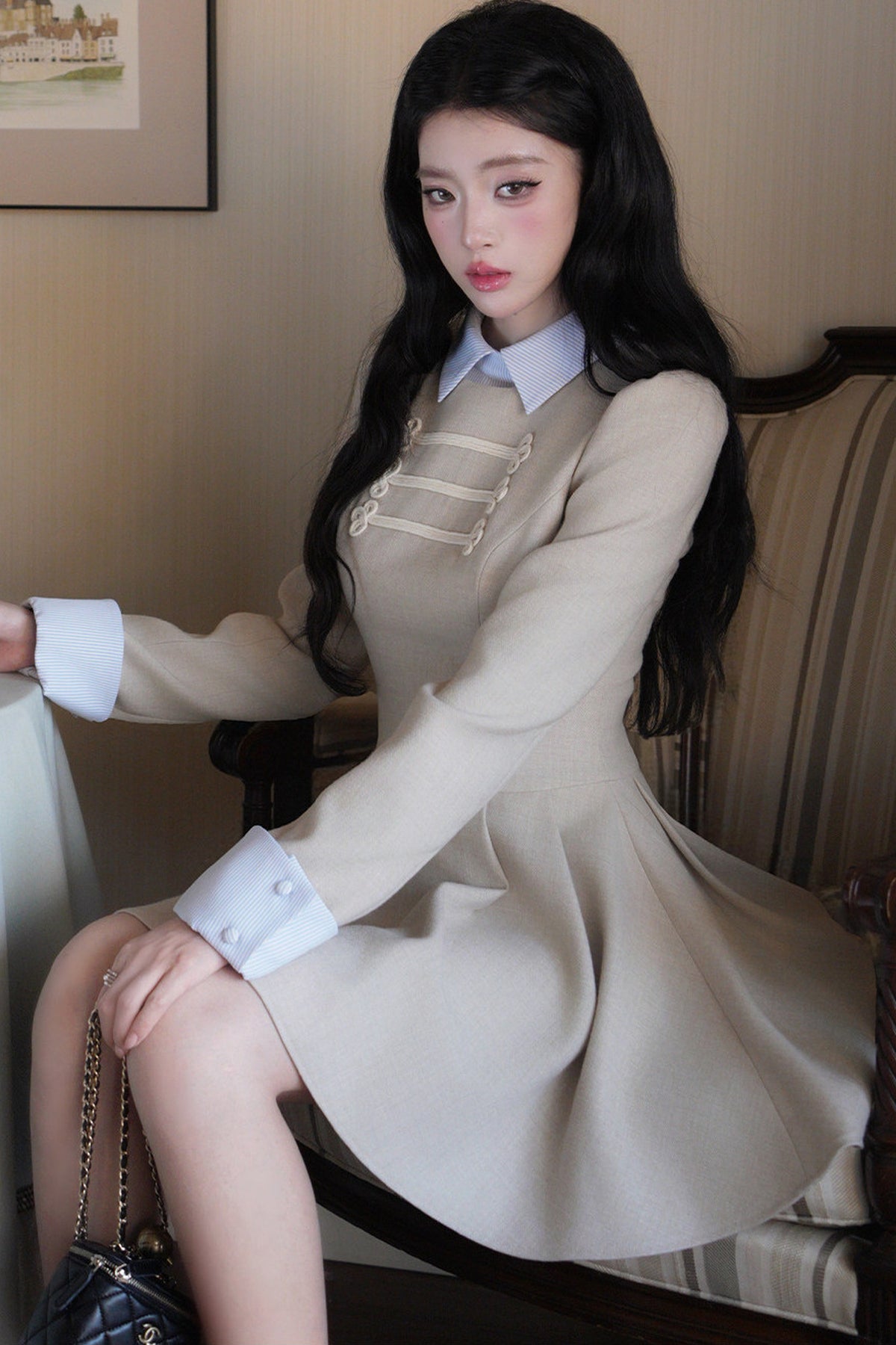 Lapel Long Sleeve Layered-Look Dress