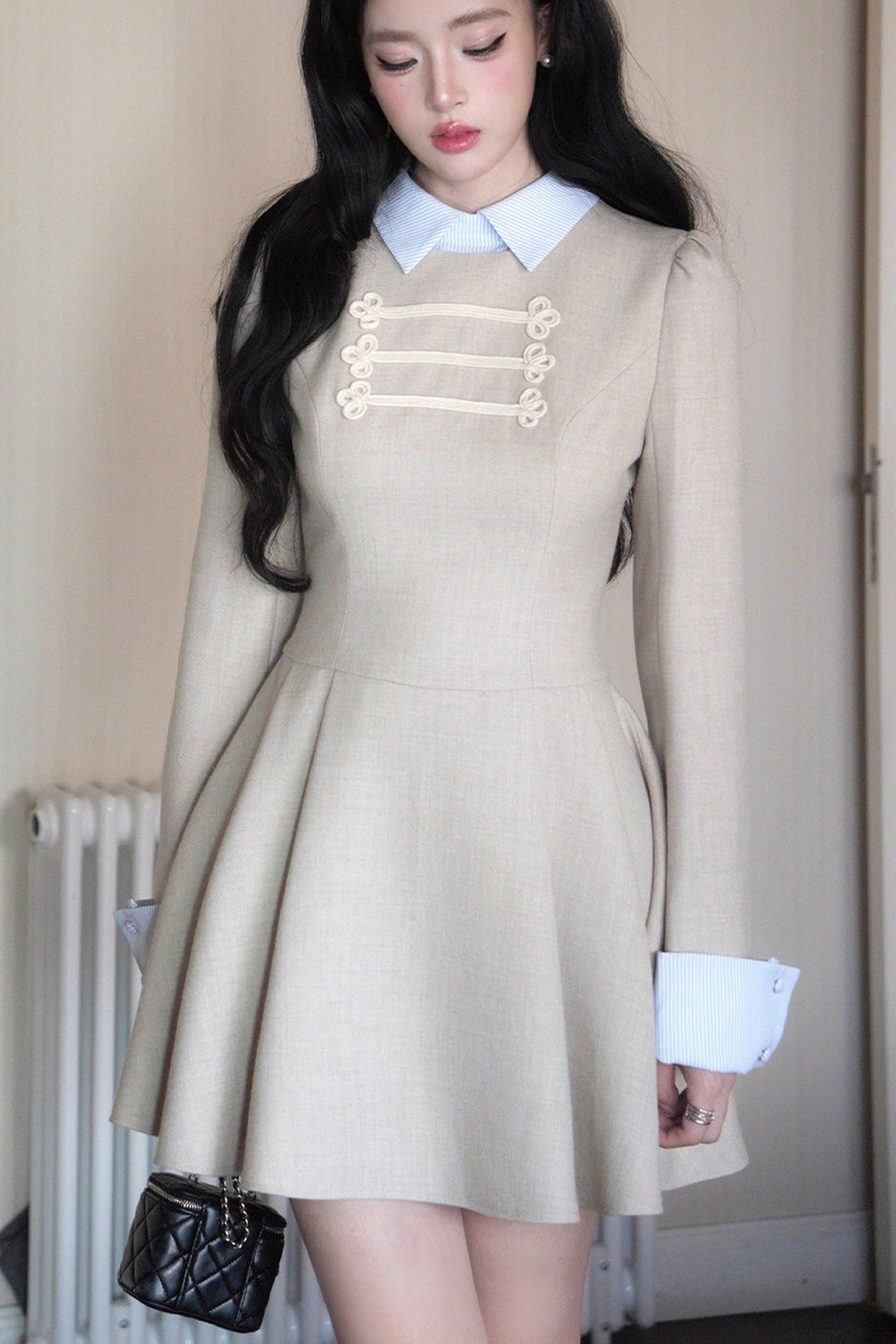 Lapel Long Sleeve Layered-Look Dress