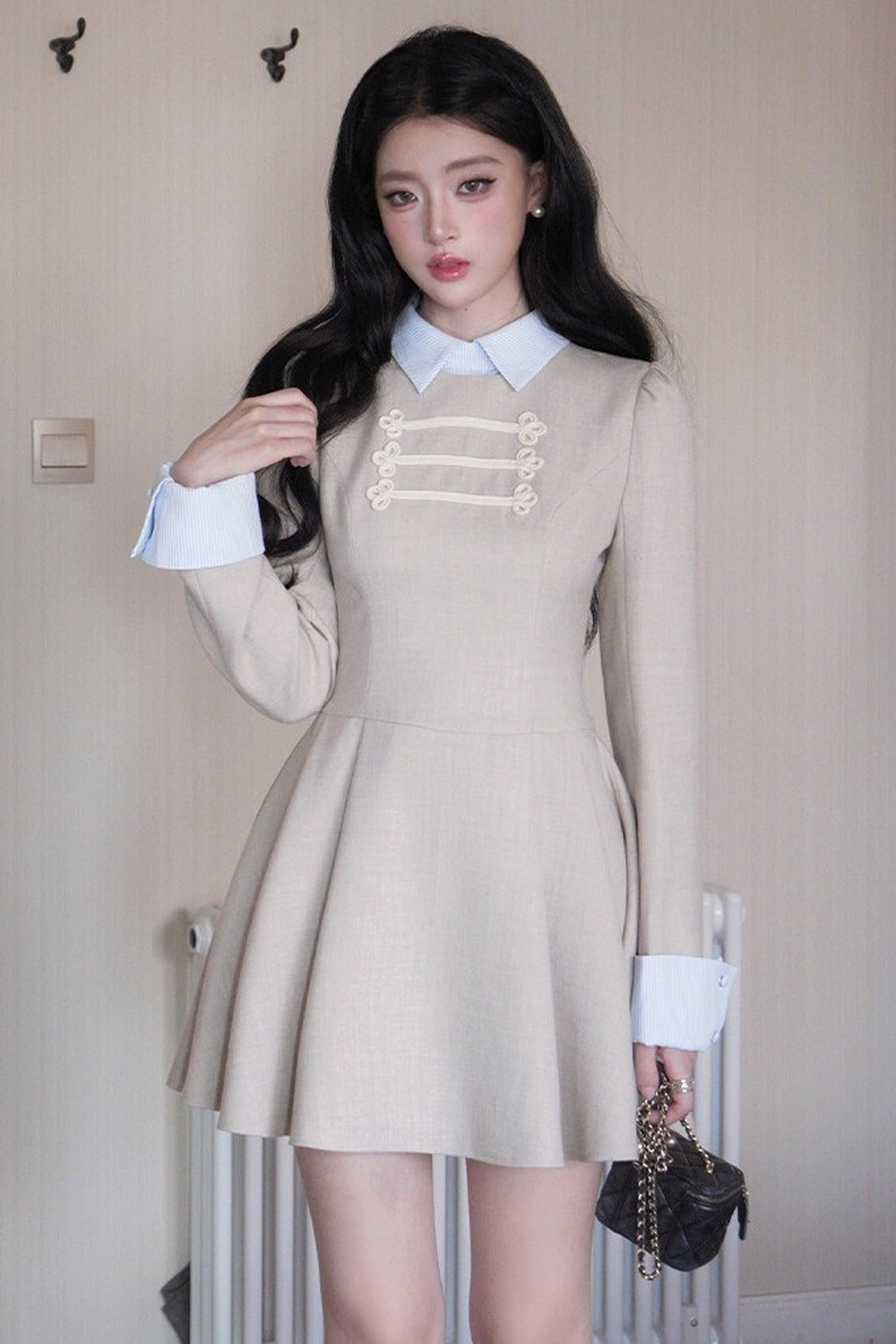 Lapel Long Sleeve Layered-Look Dress