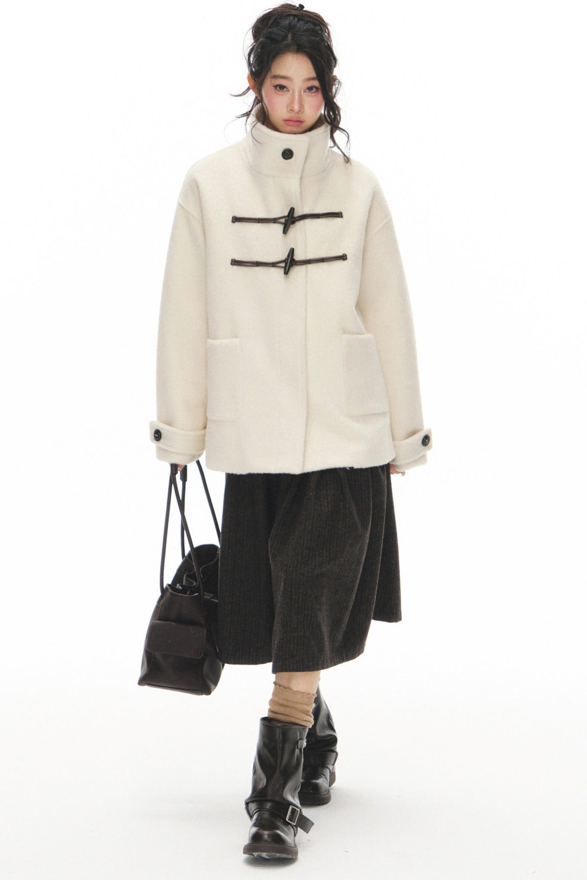 White Woolen Coat and Brown Skirt Set-Up