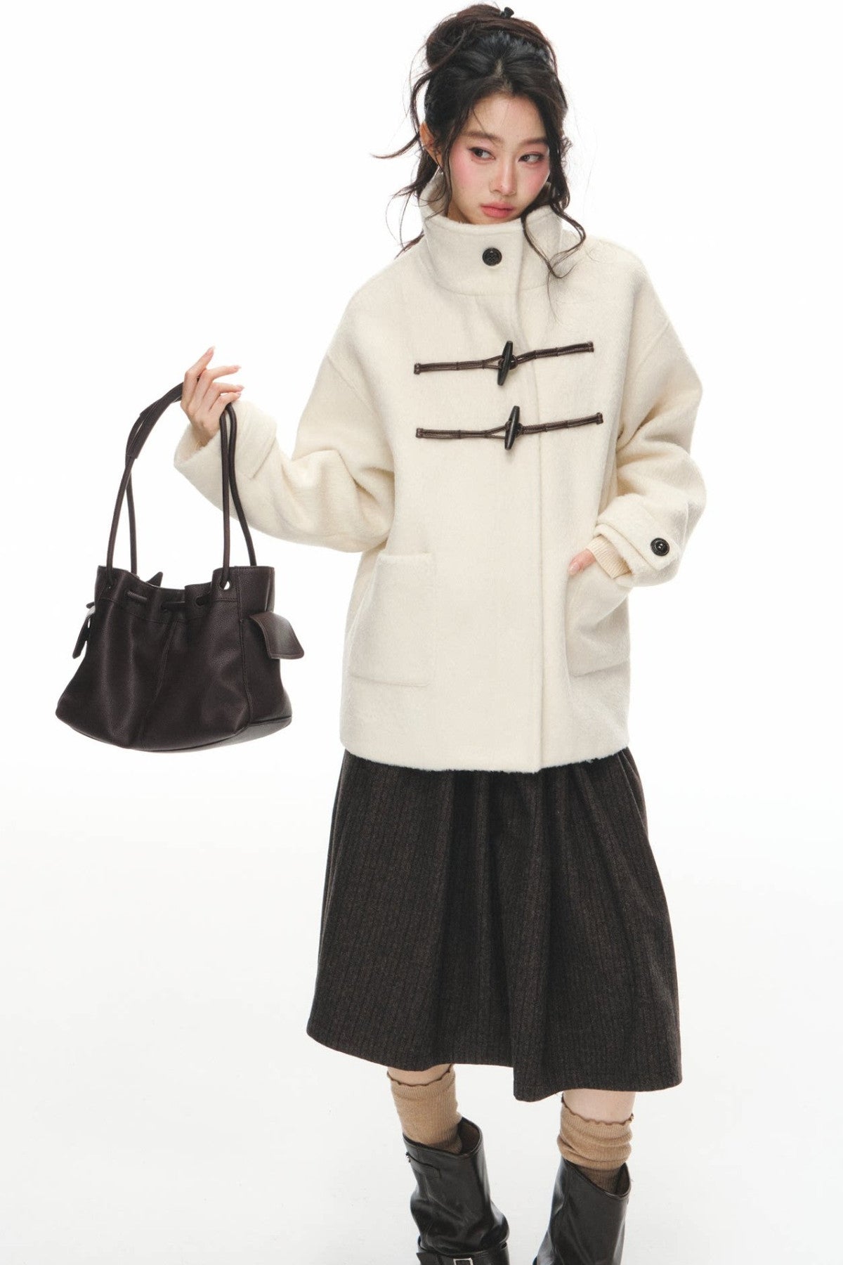 White Woolen Coat and Brown Skirt Set-Up