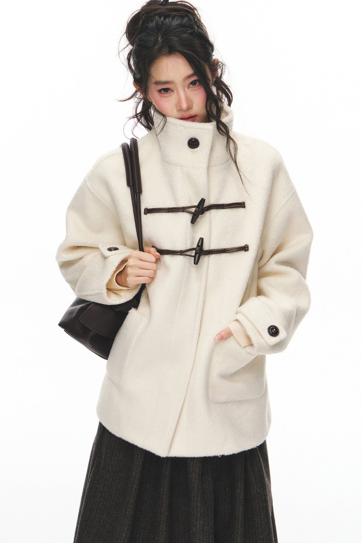 White Woolen Coat and Brown Skirt Set-Up
