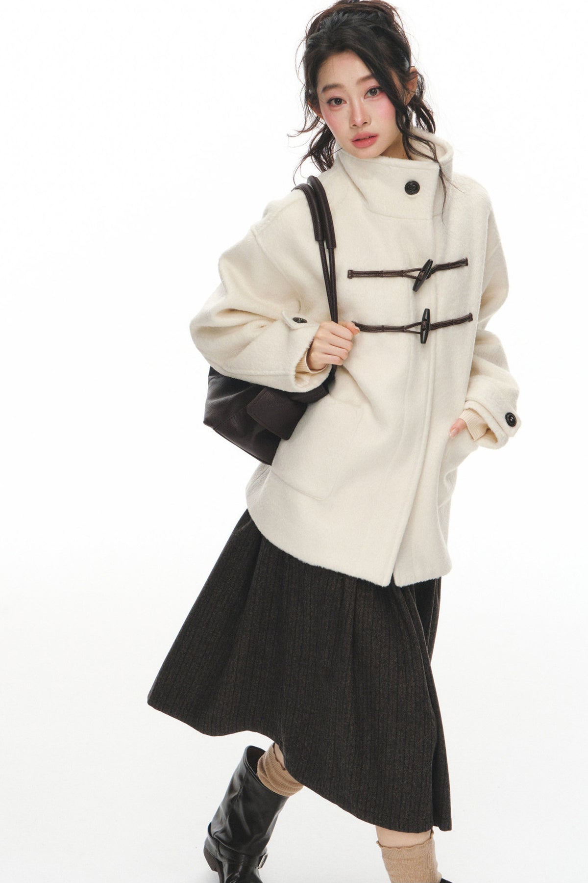 White Woolen Coat and Brown Skirt Set-Up