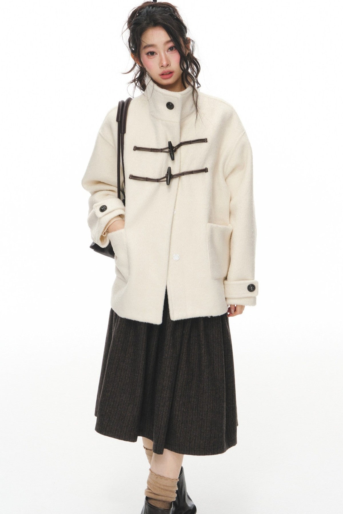 White Woolen Coat and Brown Skirt Set-Up