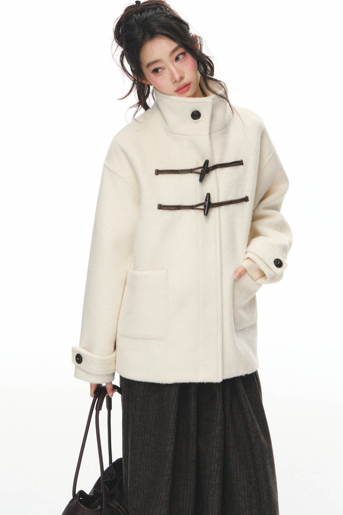 White Woolen Coat and Brown Skirt Set-Up