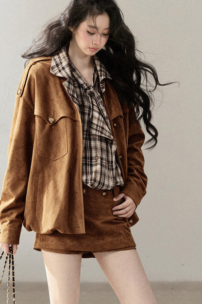 Faux Suede Jacket and Skirt Set-Up