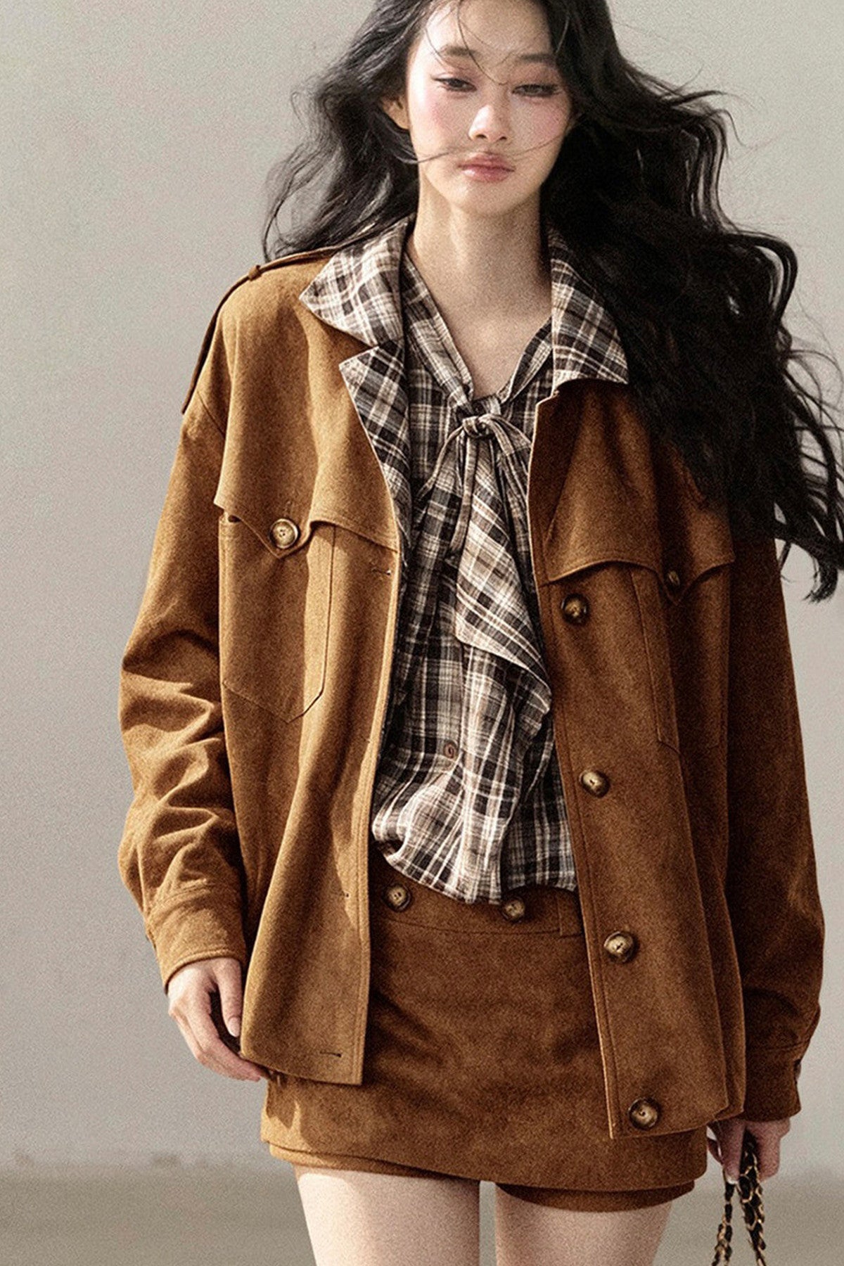 Faux Suede Jacket and Skirt Set-Up