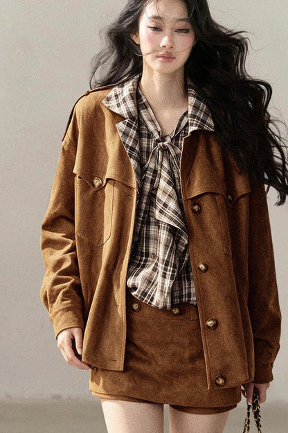 Faux Suede Jacket and Skirt Set-Up