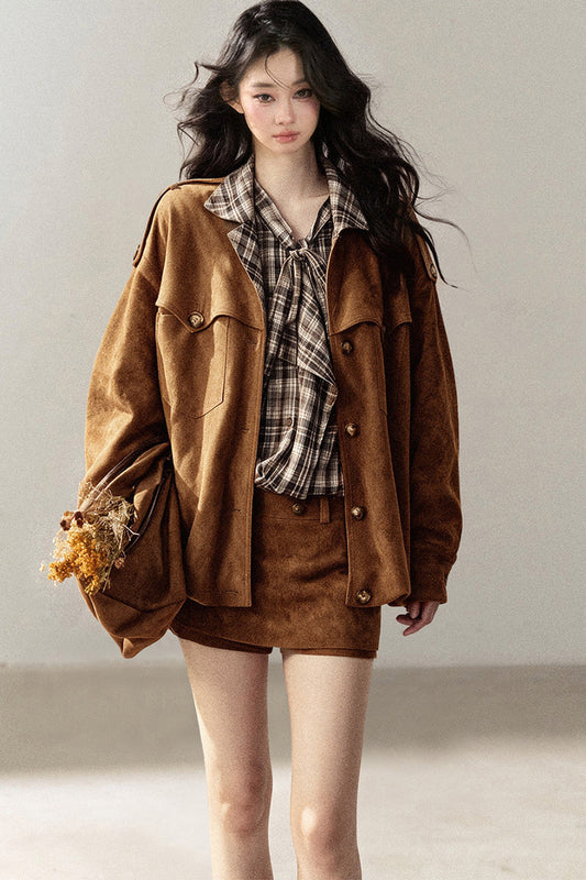 Faux Suede Jacket and Skirt Set-Up
