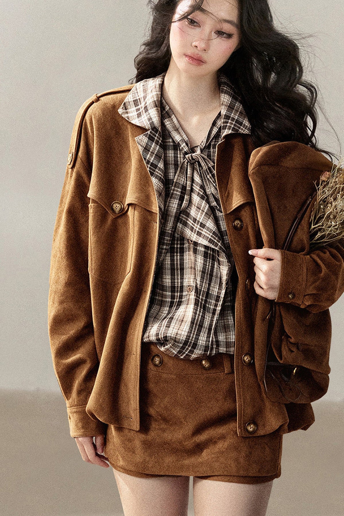 Faux Suede Jacket and Skirt Set-Up