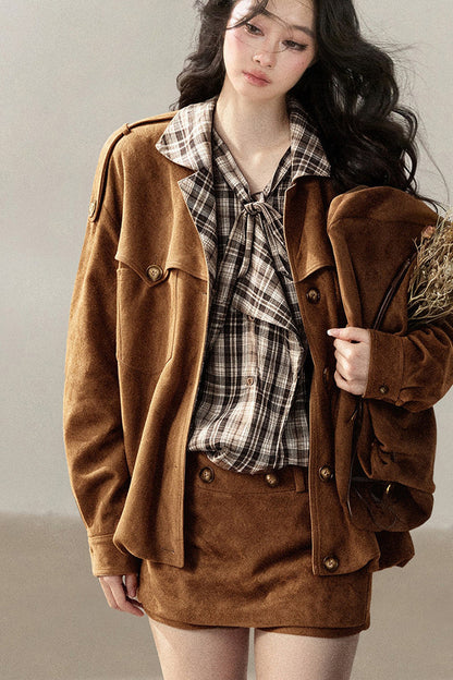 Faux Suede Jacket and Skirt Set-Up