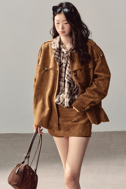 Faux Suede Jacket and Skirt Set-Up