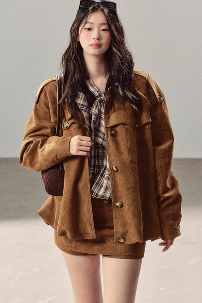Faux Suede Jacket and Skirt Set-Up