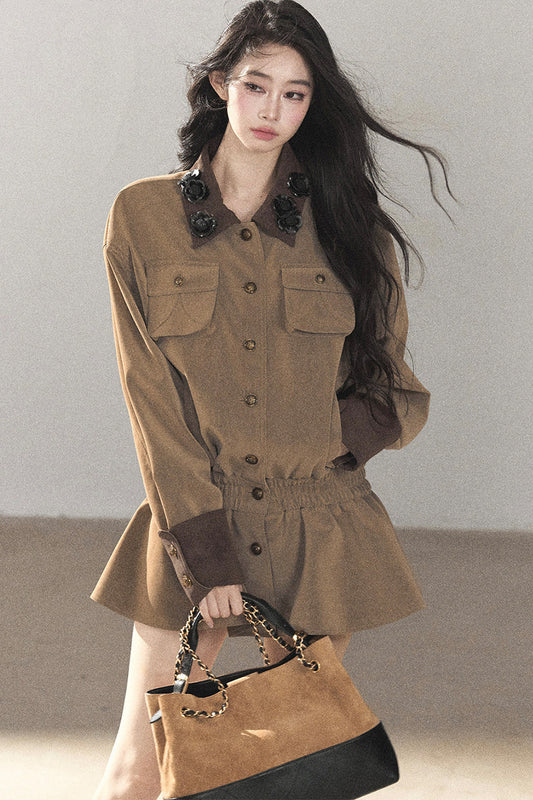 3D Floral PU Jacket and Shorts Set