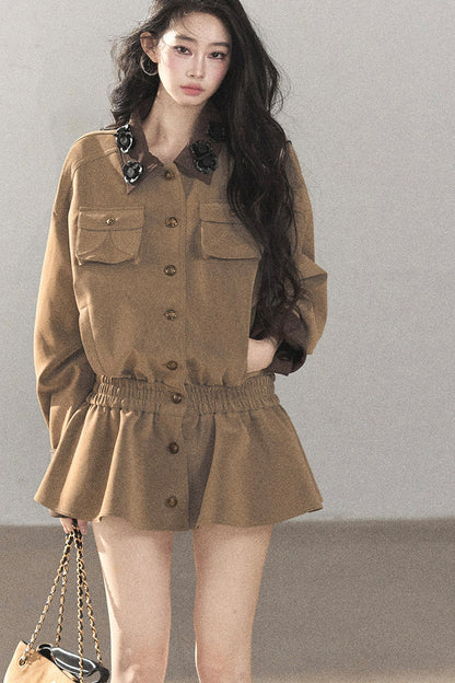 Set aus 3D-Blumen-PU-Jacke und Shorts