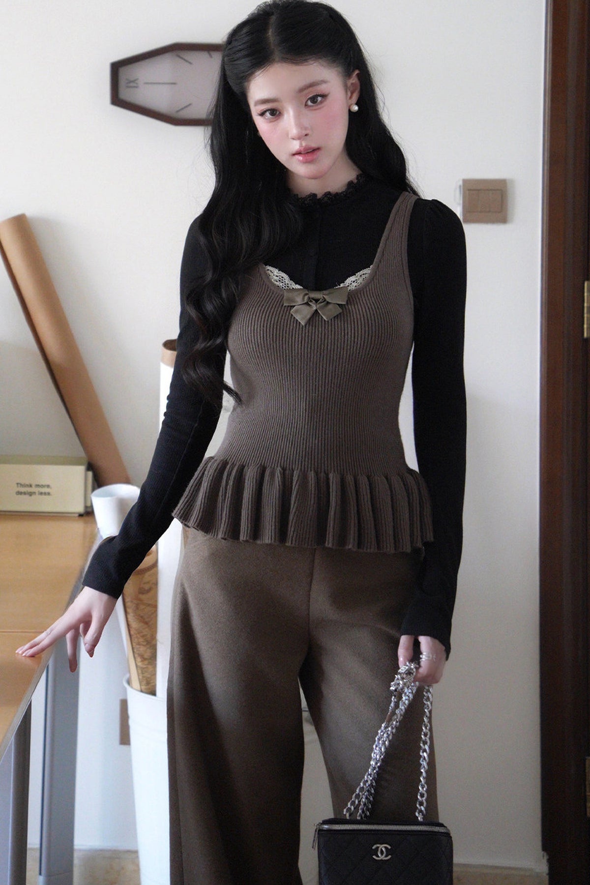Square Neck Bow Lace Patchwork Sweater