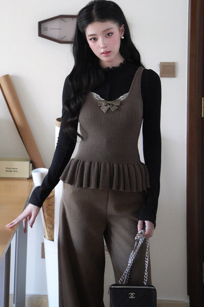 Square Neck Bow Lace Patchwork Sweater