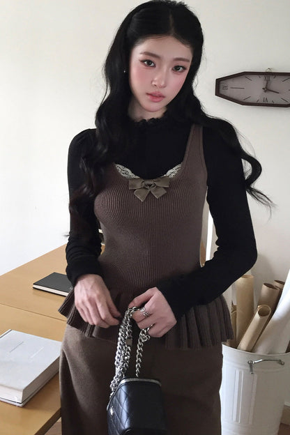 Square Neck Bow Lace Patchwork Sweater