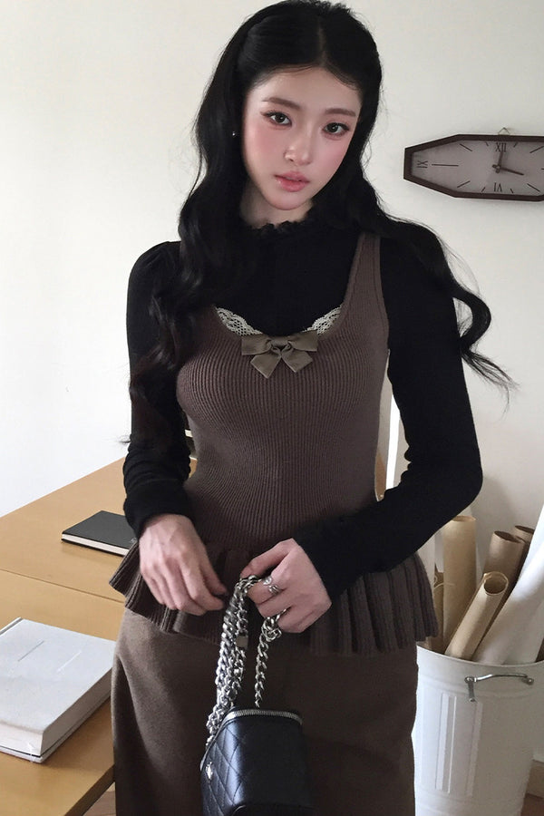 Square Neck Bow Lace Patchwork Sweater