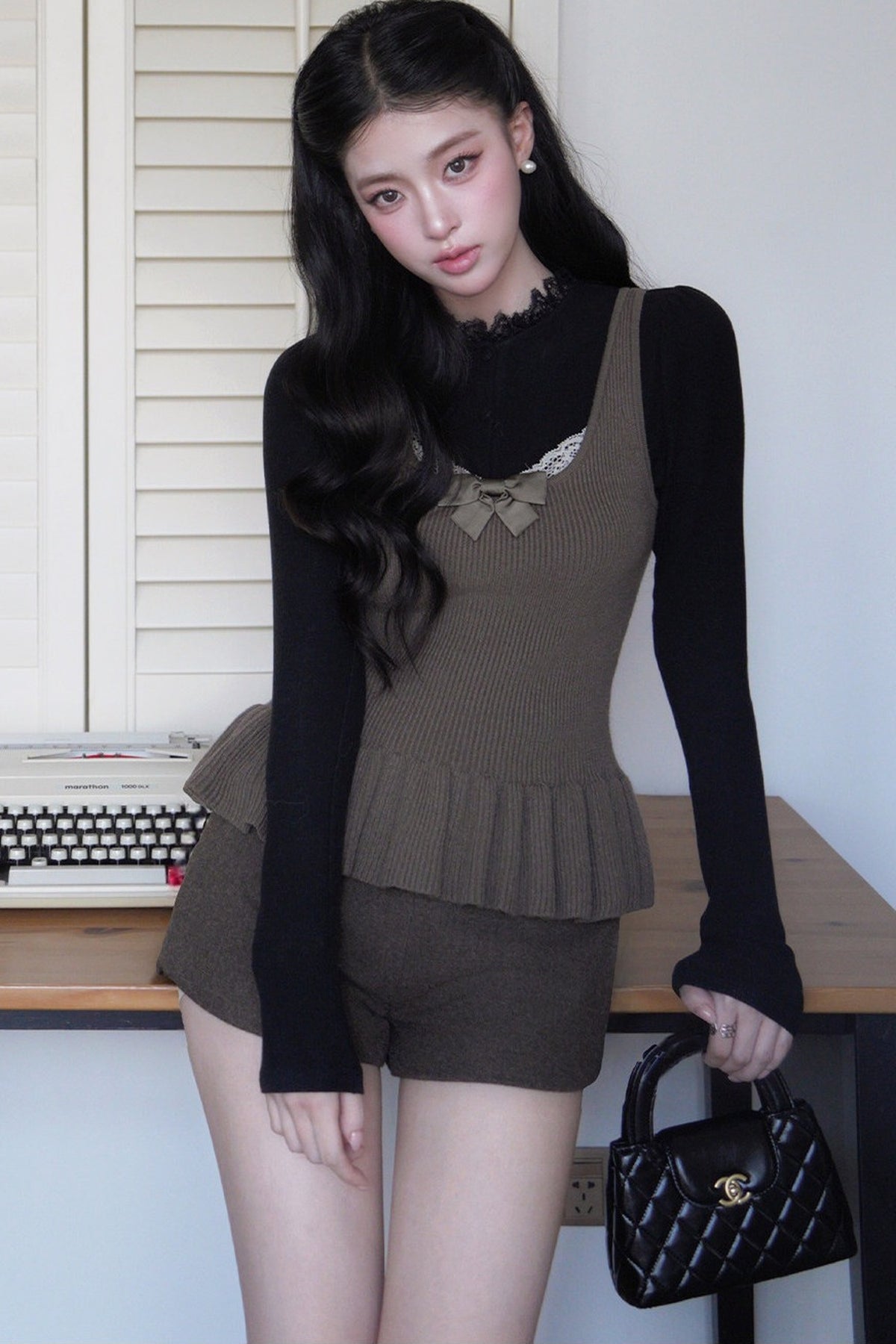 Square Neck Bow Lace Patchwork Sweater
