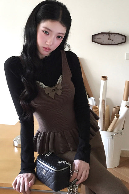 Square Neck Bow Lace Patchwork Sweater