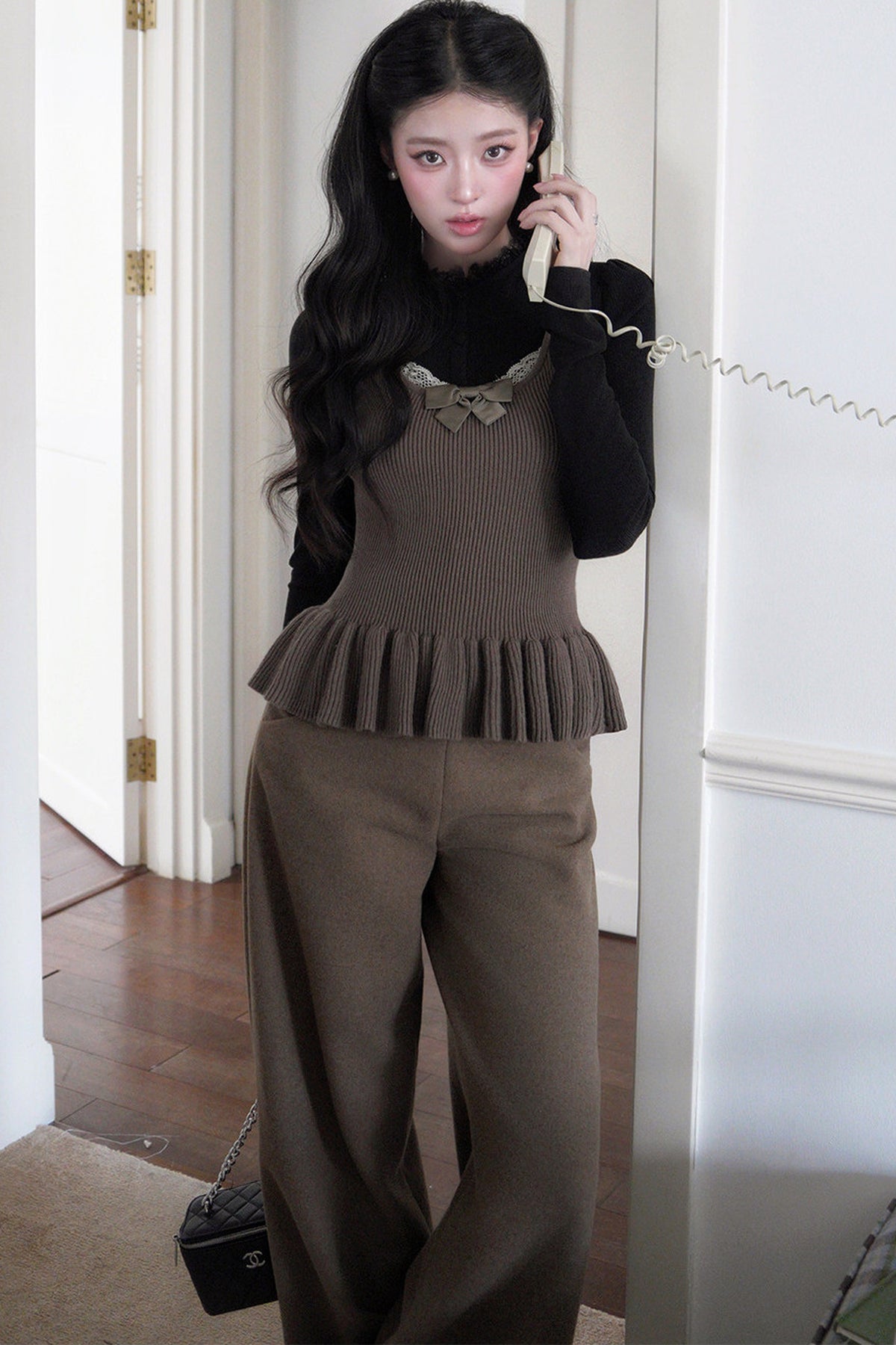 Square Neck Bow Lace Patchwork Sweater