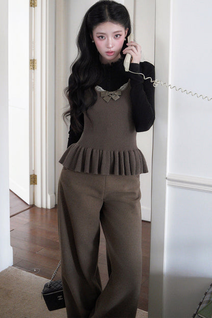 Square Neck Bow Lace Patchwork Sweater