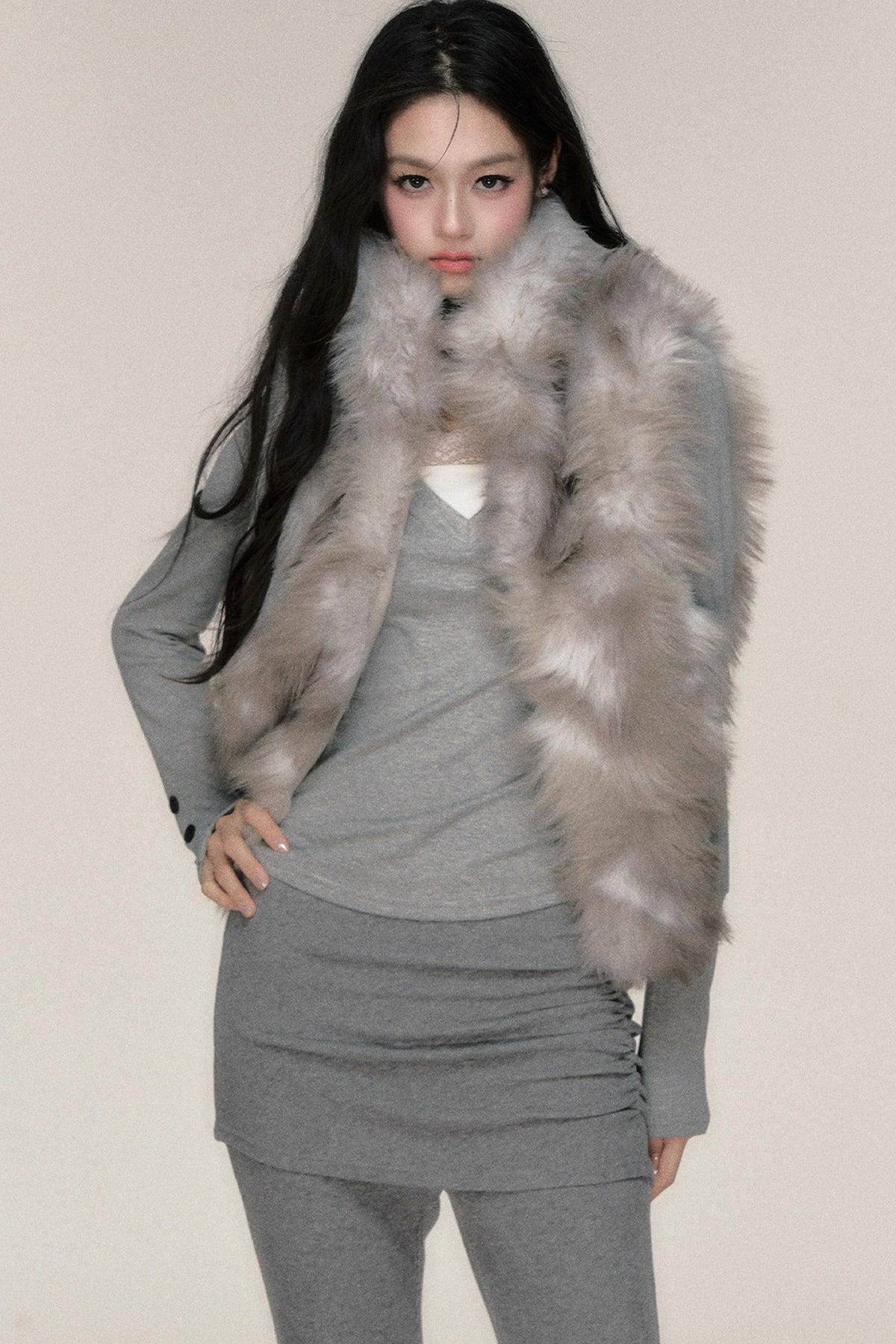 Gray Textured Fur Stand Collar Vest