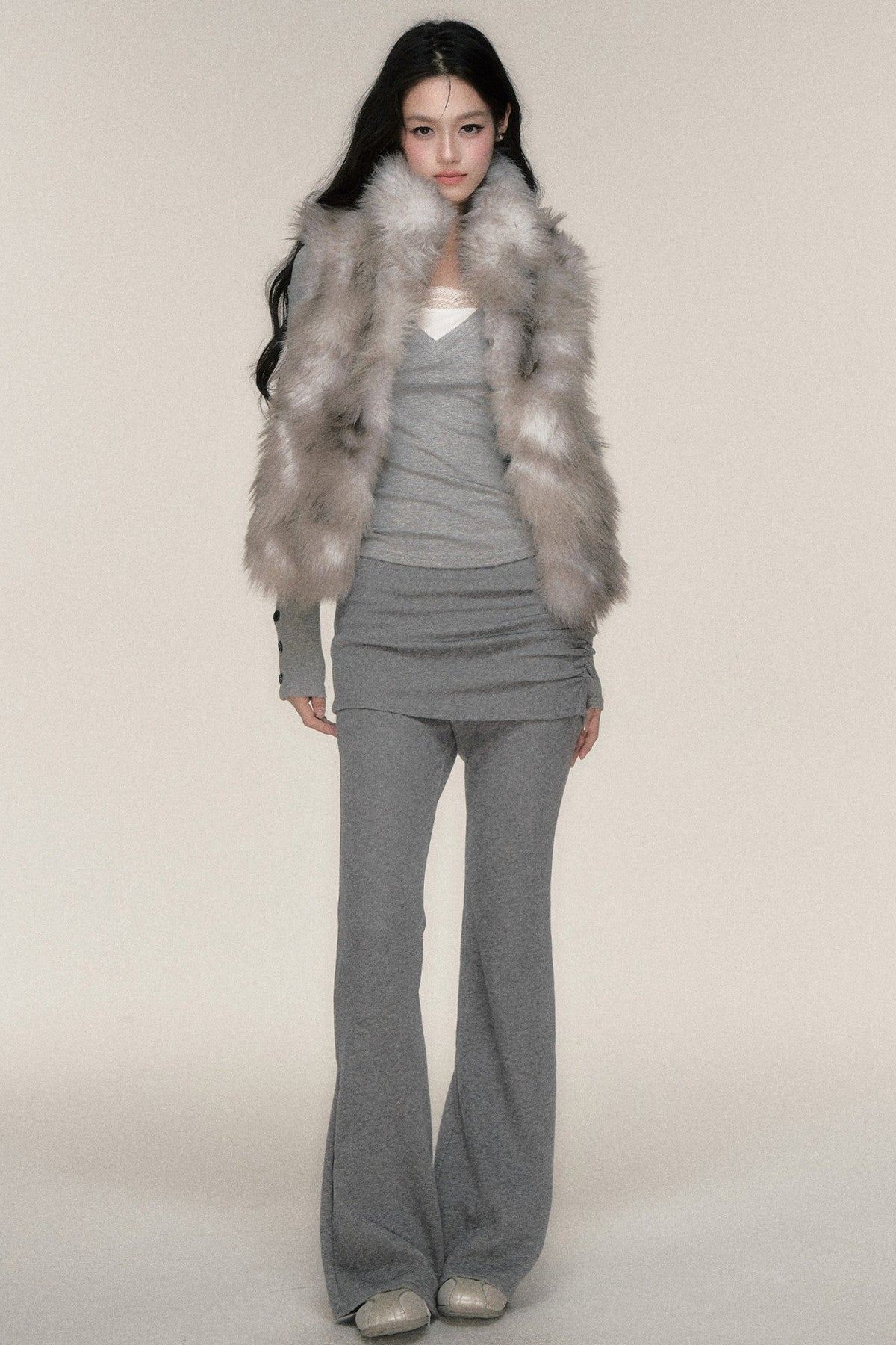 Gray Textured Fur Stand Collar Vest