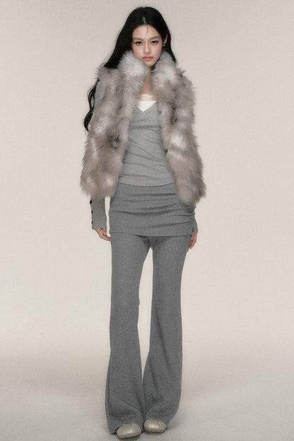 Gray Textured Fur Stand Collar Vest