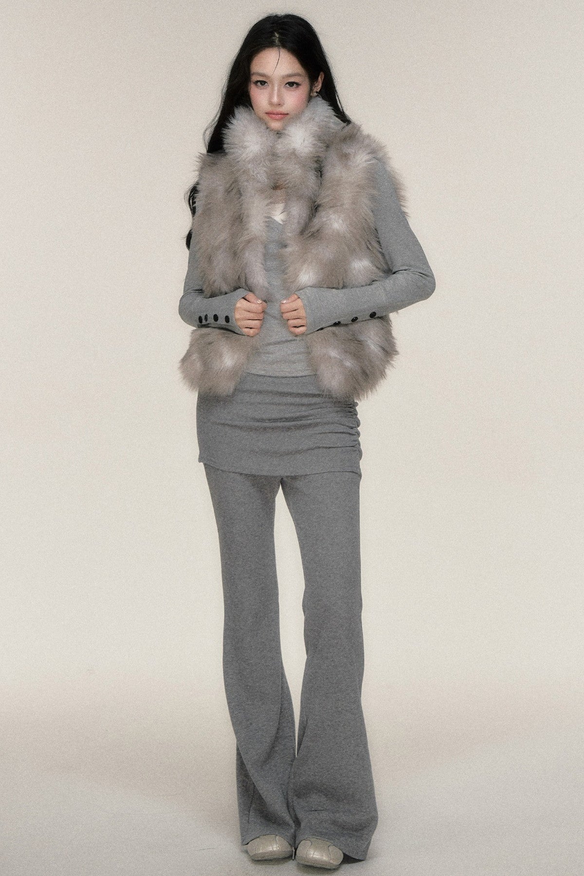 Gray Textured Fur Stand Collar Vest
