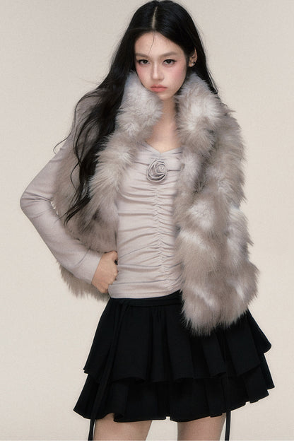 Gray Textured Fur Stand Collar Vest