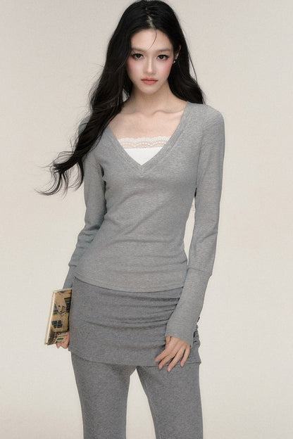 Layered-Look Lace Patchwork Base Layer Top