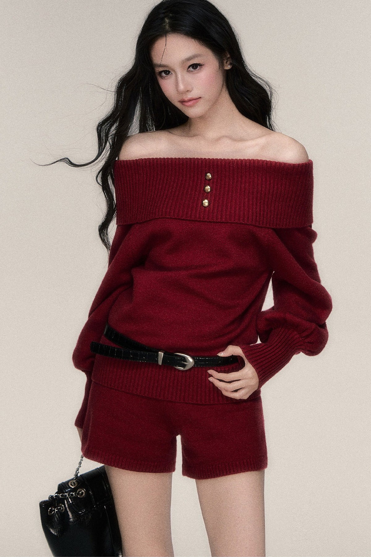 Red Off-Shoulder Knit Sweater and Shorts Set-Up